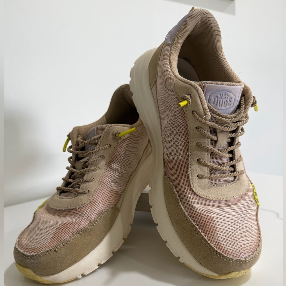 Hey Dude Size W7 Beige Sneakers with Yellow Accents